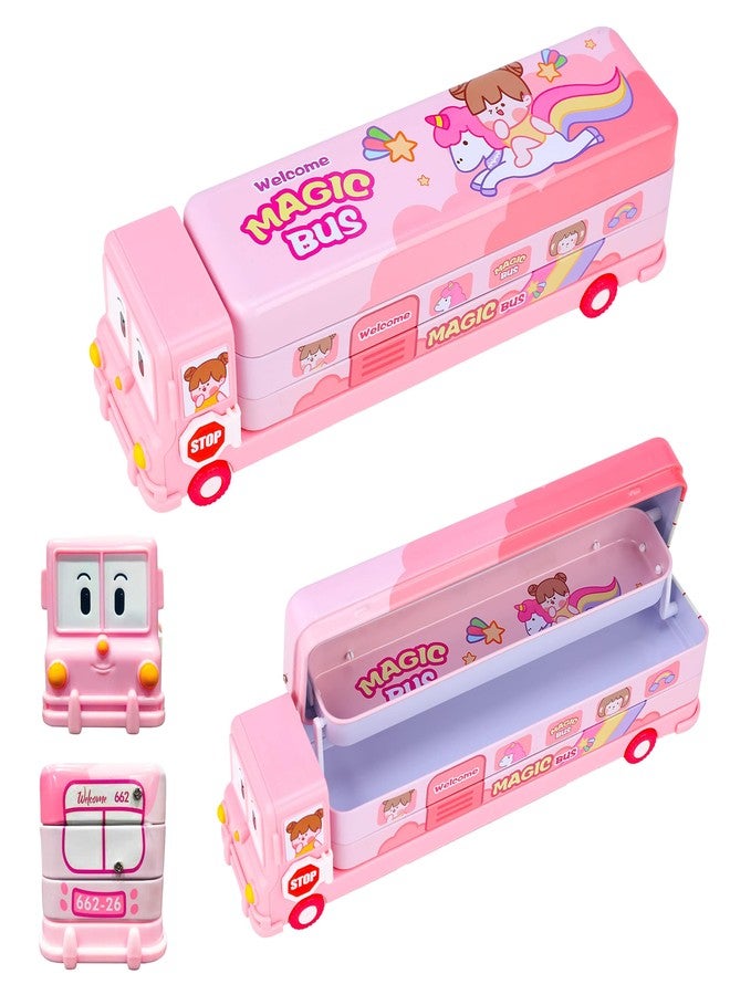 في جراسب علبة أقلام رصاص على شكل حافلة سحرية من VGRASSP مع مبراة للأطفال - مصنوعة من المعدن، مطبوعة برسومات كرتونية لطيفة، علبة هندسية متعددة الأغراض ذات طابقين لطلاب المدارس - اللون حسب المتوفر - Image 1